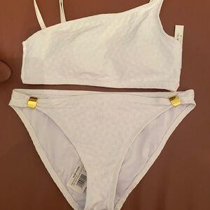 White bikini Bleu Rod Beatte NEW Asymmetric top gold hardware subtle print